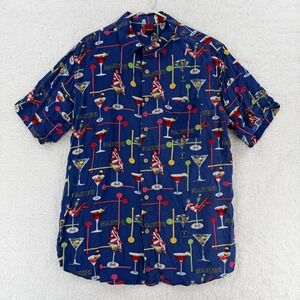 Junction West Camp Shirt Mens 2XL Blue Martini Pin Up Rayon Hawaiian Party AOP
